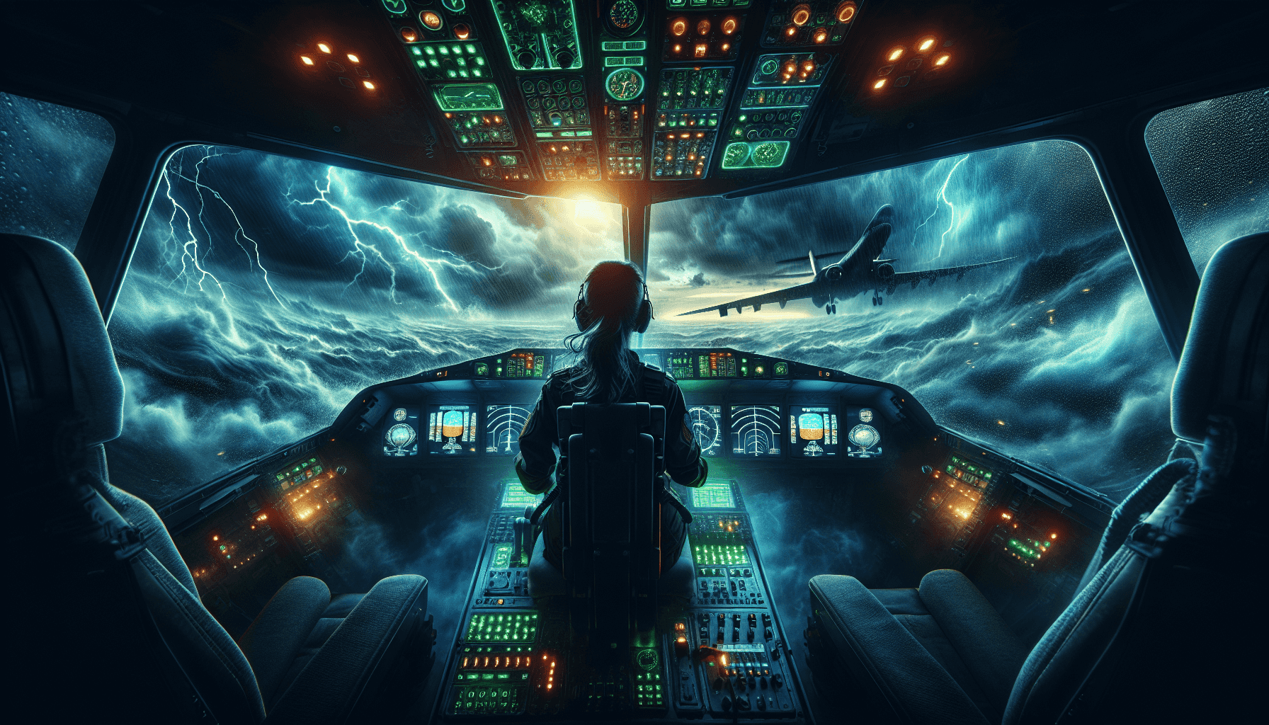 Pilot flying in stormy skies